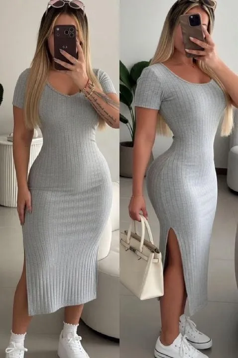 Vestido rib casual gris talla unica