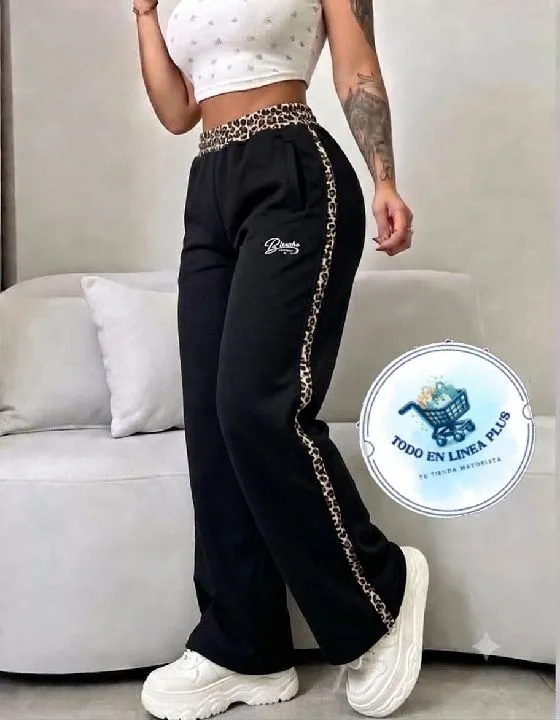022 pantalon con bies animal print negro Talla unica ref:022