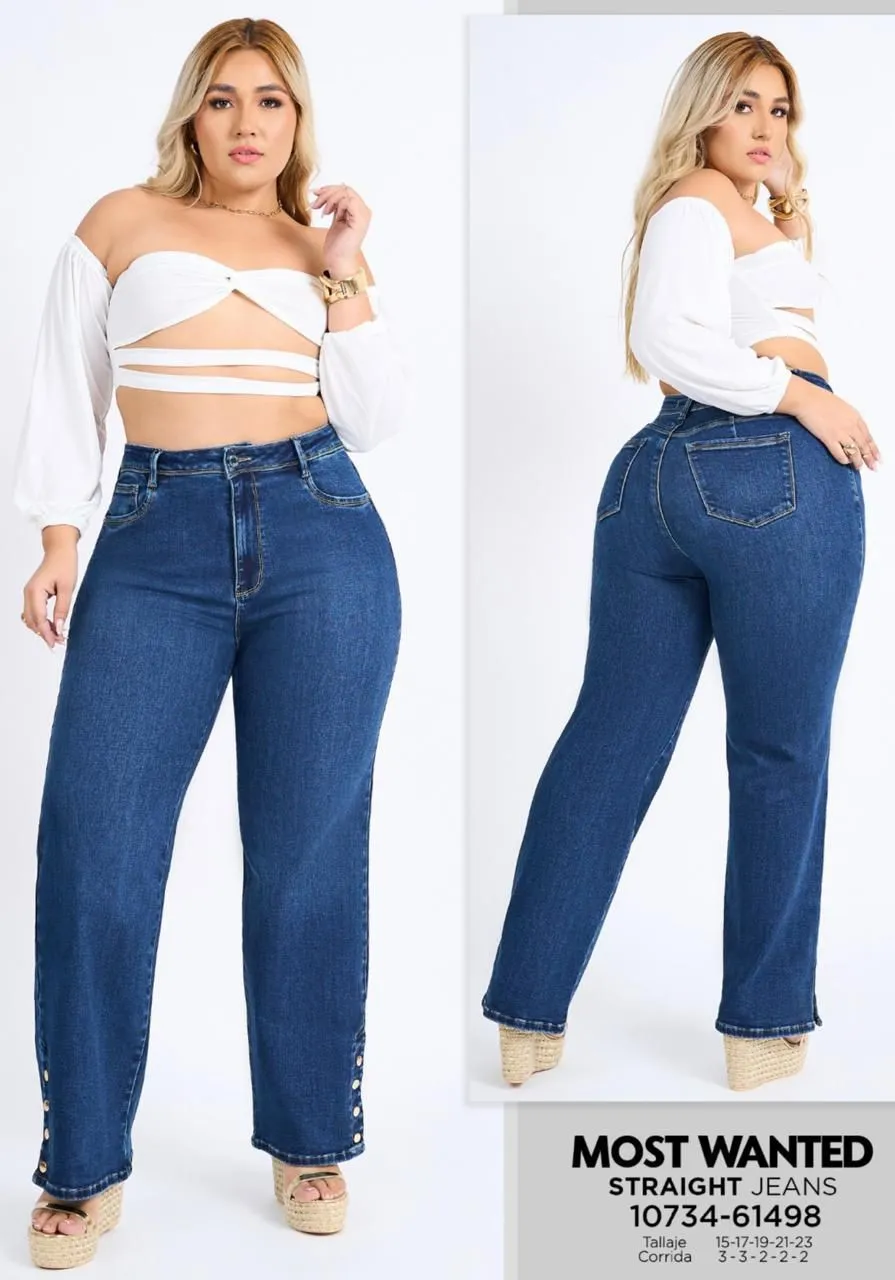 MOST WANTED - REF 61498  CURVY BOTA RECTA ELÁSTICO CON EFECTO PUSH UP TONO AZUL MEDIO   HERRAJES DORADOS 