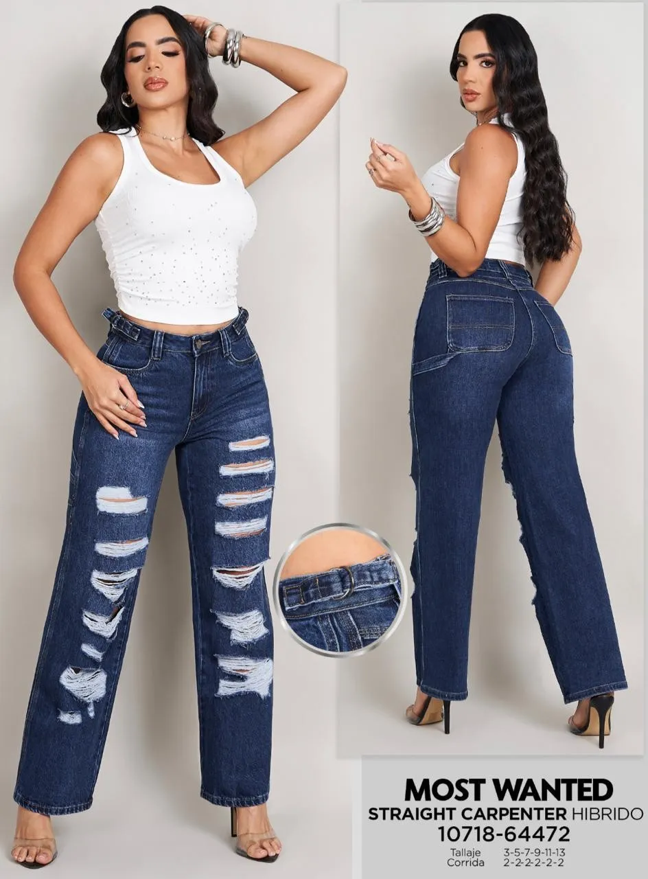 MOST WANTED - REF  64472 STRAIGHT CARPENTER HIBRIDO CON REALCE DE GLUTEOS TONO AZUL OSCURO DESTROYER AJUSTABLE EN CINTURA Y DETALLE DIVINO PARTE TRASERA 