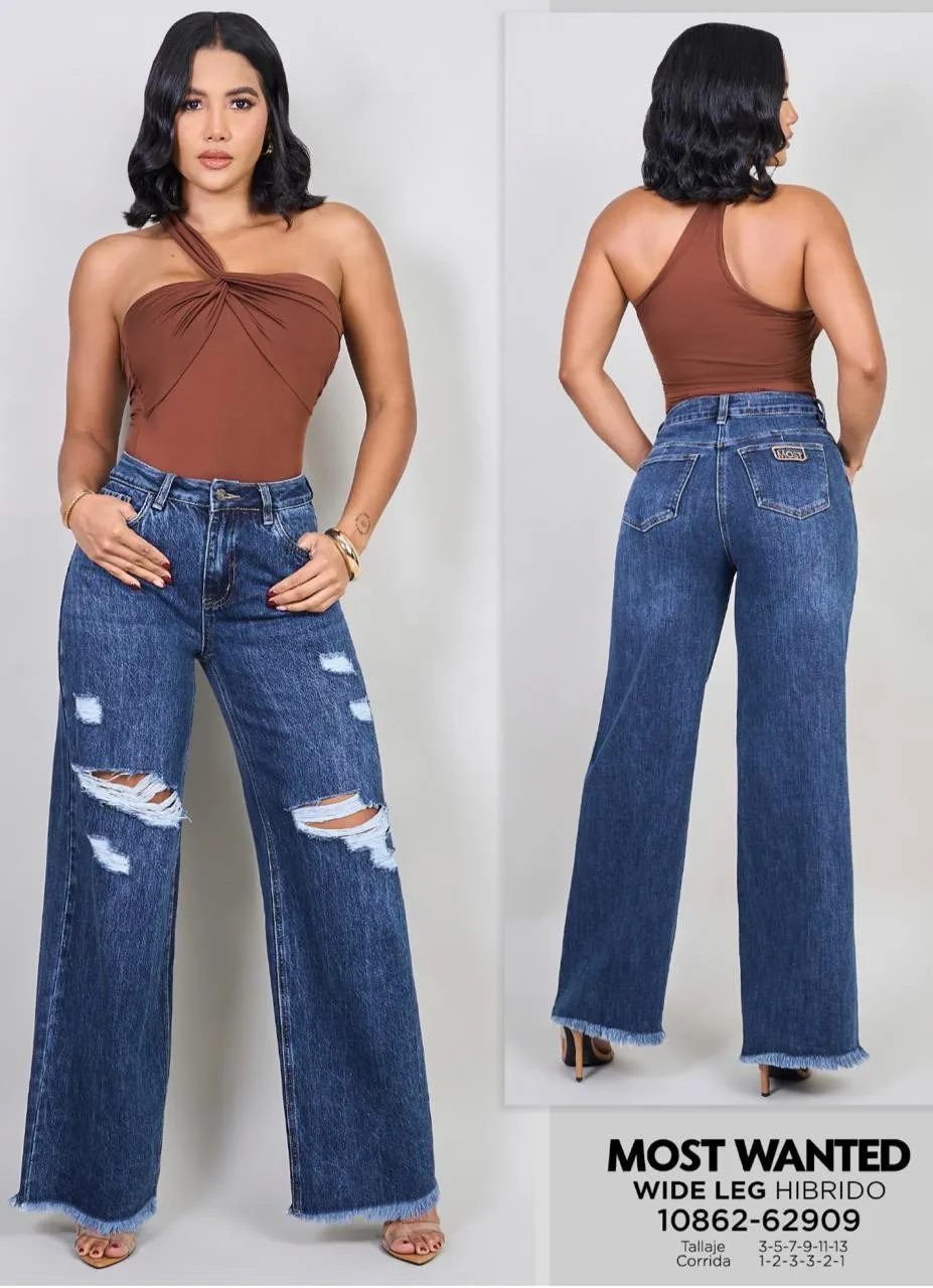 MOST WANTED - REF 62909 WIDE LEG HIBRIDO AZUL OSCURO CON REALCE DE GLUTEOS SEMI DESTOYER DESMECHADO EN LA BOTA 