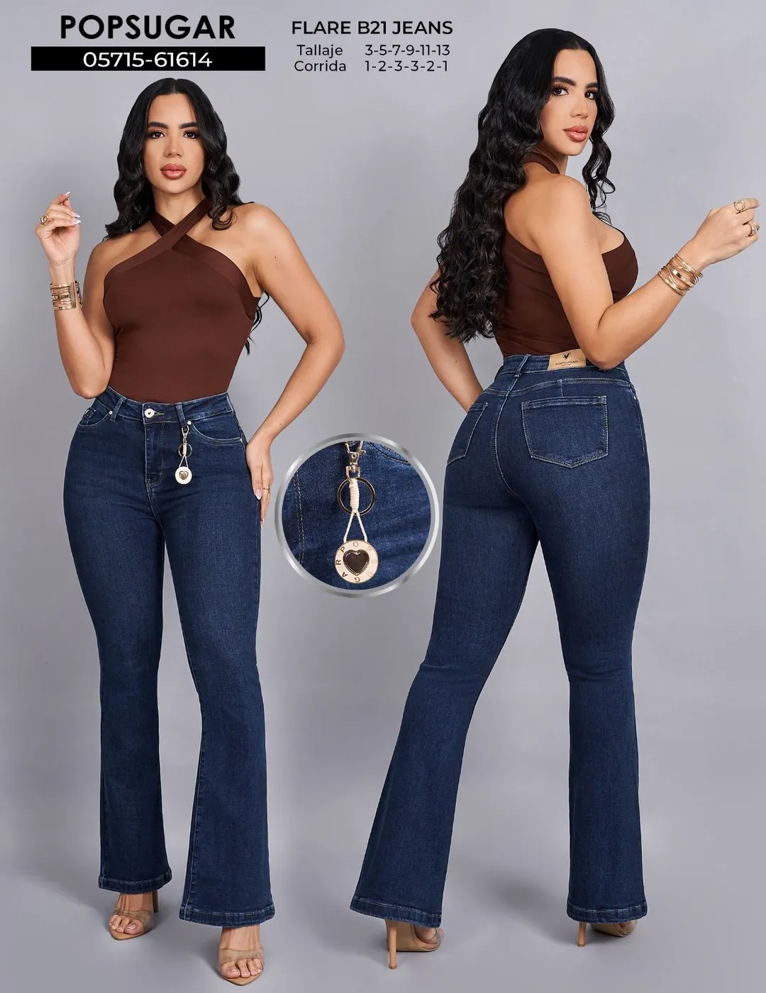 POPSUGAR - REF 61614 JEANS FLARE AZUL OSCURO PINZA EFECTO PUSH UP Y ACCESORIO TEJIDO