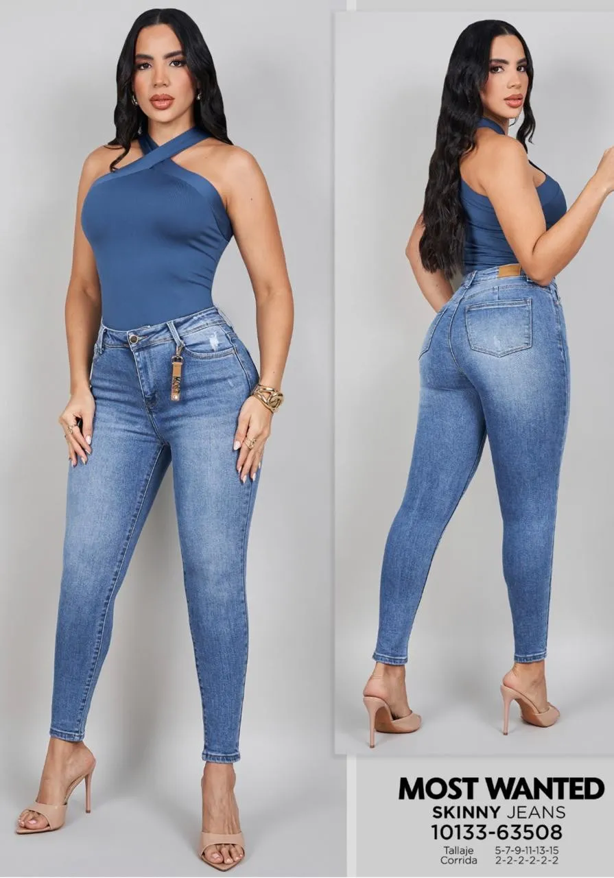 MOST WANTED - REF 63508  SKINNY CLASICO AZUL MEDIO CON ACCESORIO Y REALCE DE GLUTEOS 