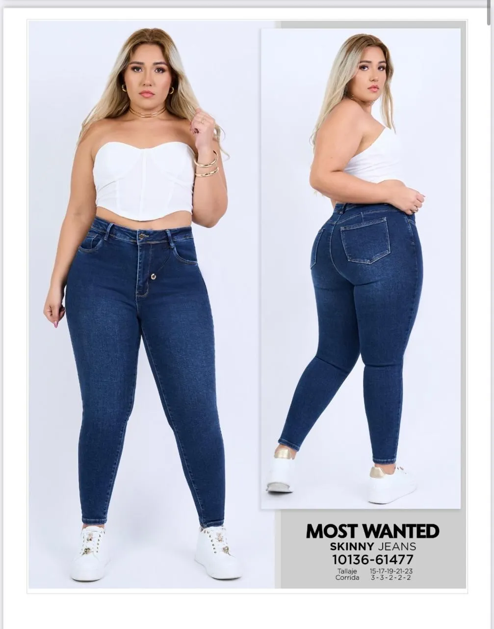 MOST WANTED - REF 61477 SKINNY CURVY TALLA EXTRA STRECH TONO AZUL OSCURO CLASICO CON REALCE DE GLUTEOS Y ACCESORIO 