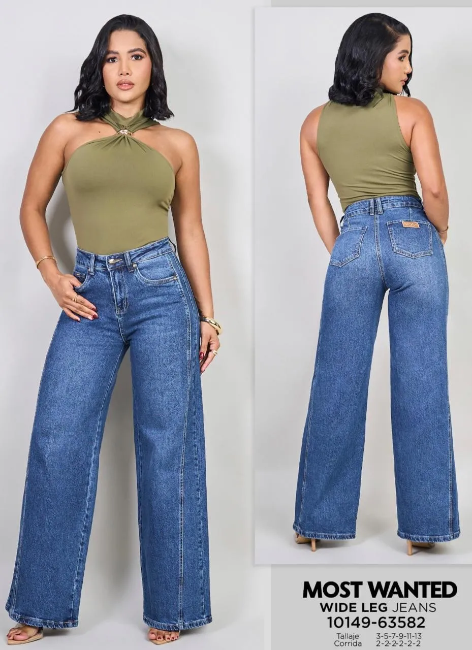 MOST WANTED - REF 63582 WIDE LEG CLASICO HIBRIDO TONO AZUL MEDIO CON REALCE DE GLUTEOS 