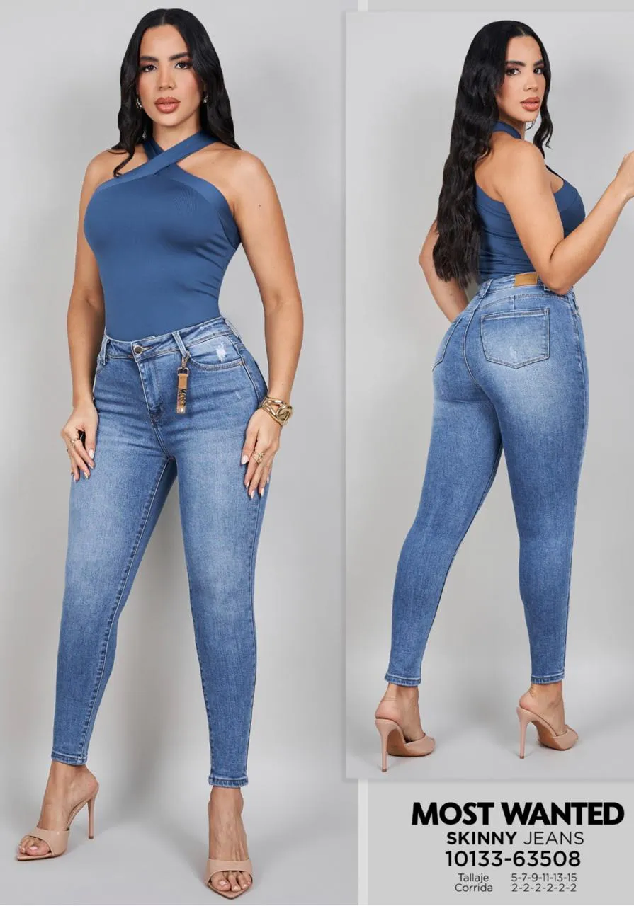 MOST WANTED - REF 63508  SKINNY CLASICO AZUL MEDIO CON ACCESORIO Y REALCE DE GLUTEOS 