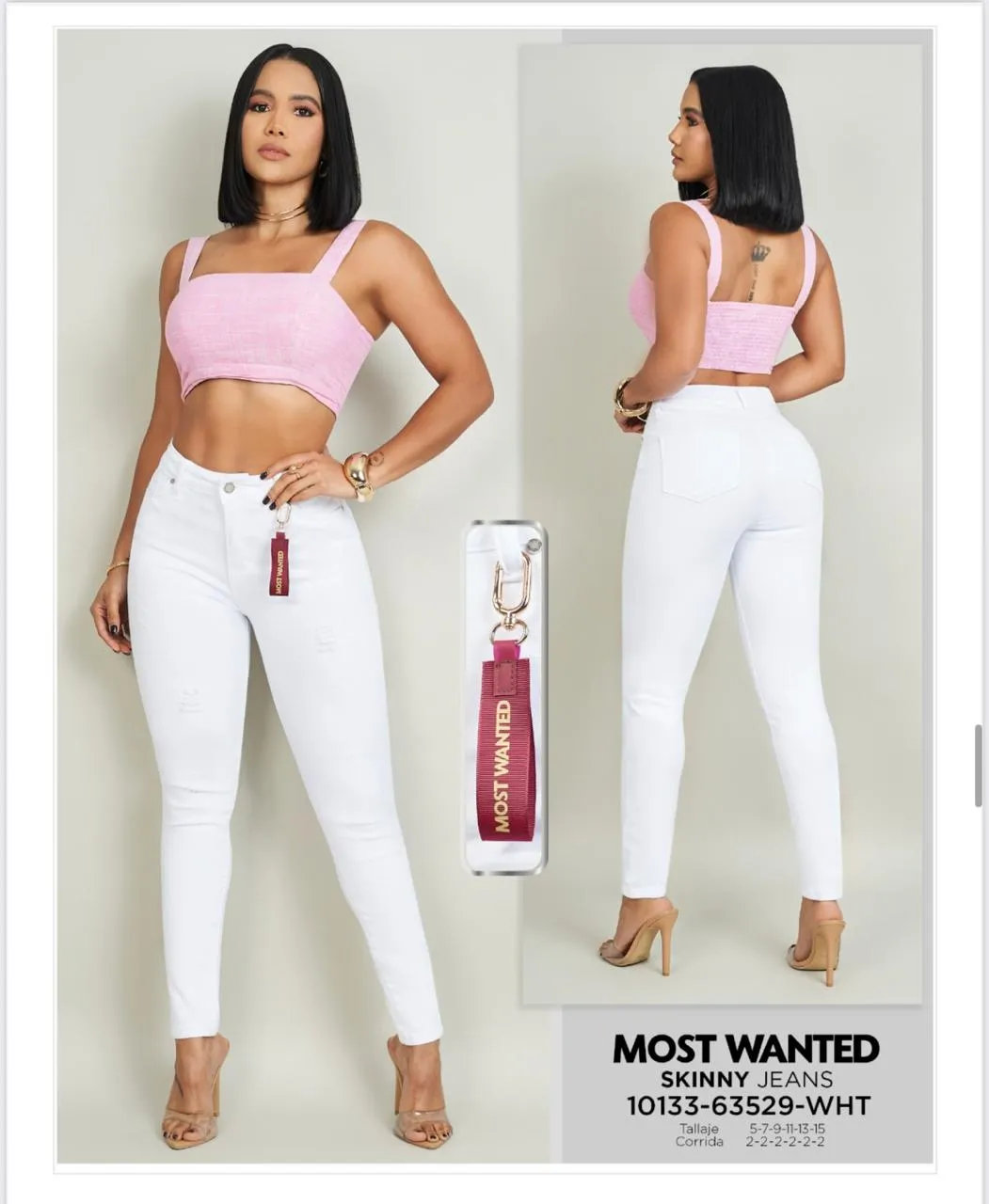 MOST WANTED - REF 63529-WHT SKINNY STRECH CLASICO CON ACCESORIO TONO BLANCO CON REALCE DE GLUTEOS  - 15