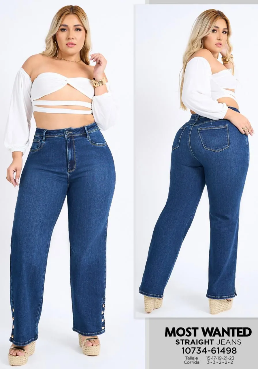 REF 61498  CURVY BOTA RECTA ELÁSTICO CON EFECTO PUSH UP TONO AZUL MEDIO   HERRAJES DORADOS 