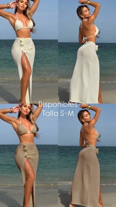 vestido de baño 3 piezas tejido y perlas blanco y café talla s-m