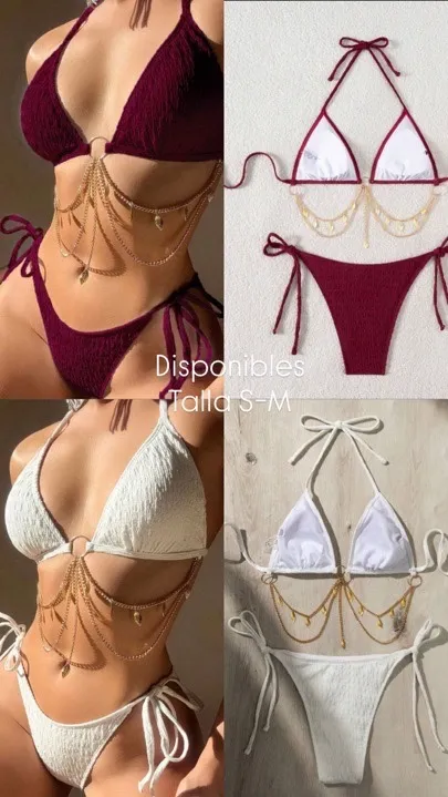 vestido de baño blanco y vino cadenas 2 piezas talla s- m