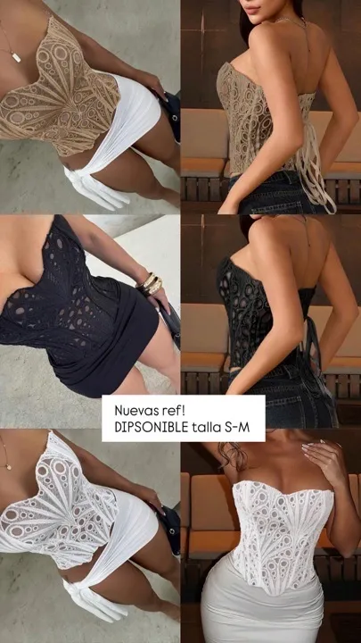 top bustier con espalda anudada de malla hueca negra-blanco y café talla S-M