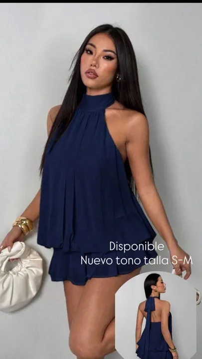 vestido mini elegante de mujer con cuello halter y lazo azul marino talla S-M
