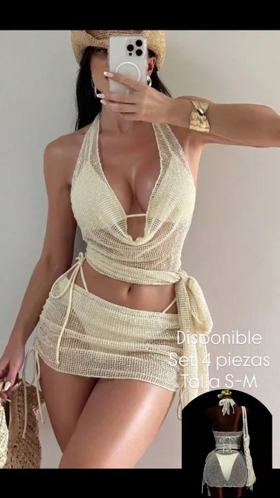 set 4 piezas de vestido de baño sexy beige de malla transparente talla s-m