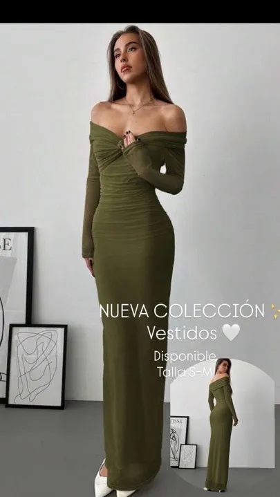 vestido con hombros descubiertos y malla manga larga verde talla S-M
