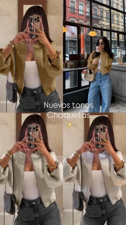 chaqueta corta con cremallera y bolsillos de unicolor para mujer tono caqui, gris y café talla S-M
