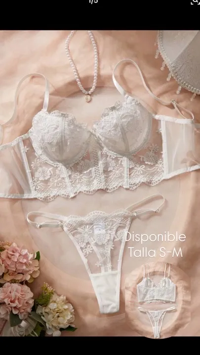 set de 2 piezas de lencería romántica blanca de flores talla S-M