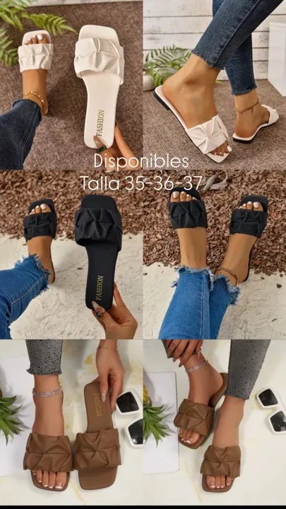 sandalias planas de mujer con puntero redondo talla 35-36-37-38 negro y beige y café