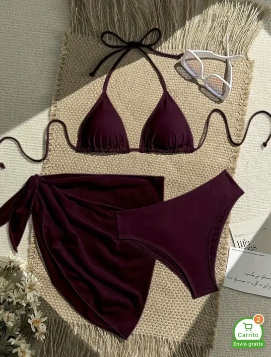 vestido de baño 3 piezas color vinotinto