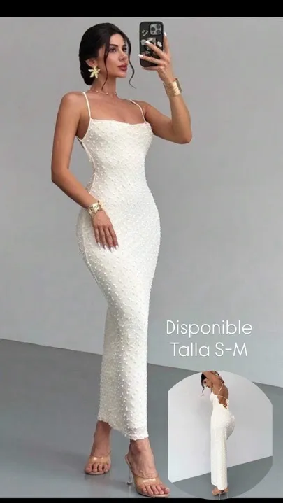 vestido largo con escote halter de puntos beige talla S-M