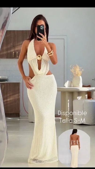 vestido con escote v profundo con estrellas de mar beige talla S-M