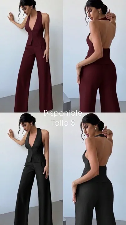 conjunto 2 piezas pantalón ancho y espalda abierta negro y vino talla S