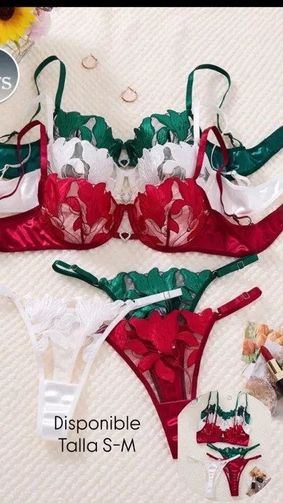 set de 2 piezas lencería romántica roja-verde-blanca talla s-m-l