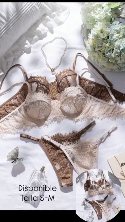 conjunto lencería con encaje floral café y beige talla S-M