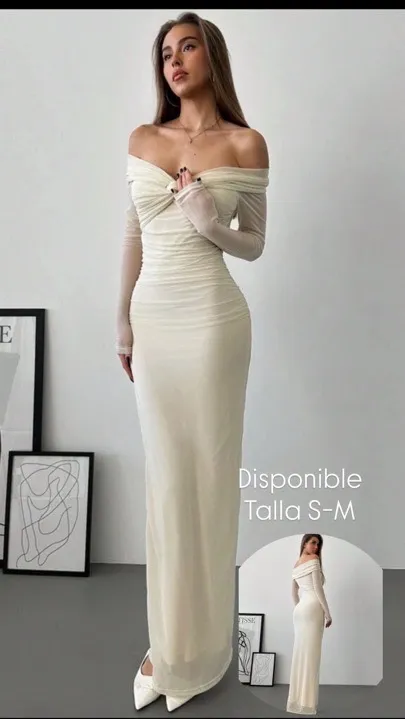 vestido ceñido de mujer con hombros beige talla s-m
