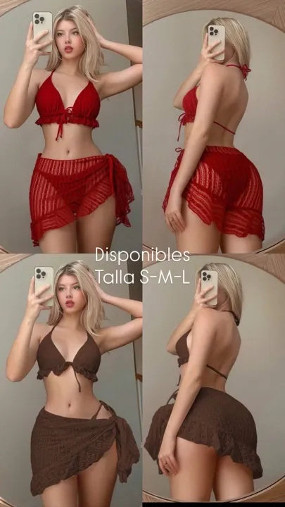 vestido baño 3 piezas con falda bordada rojo y café talla S-M-L
