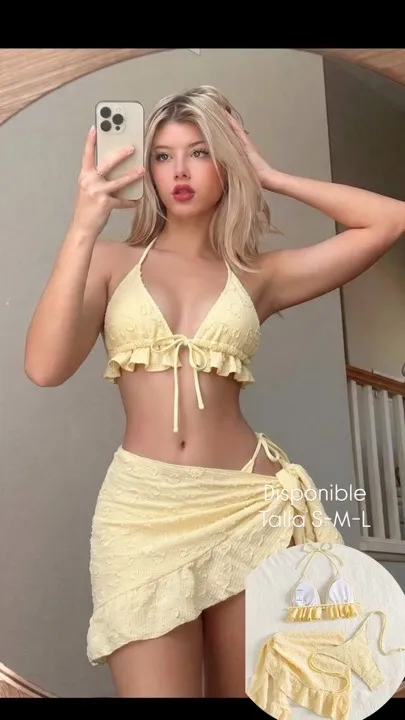 conjunto bikini 3 piezas con textura amarillo talla S-M-L