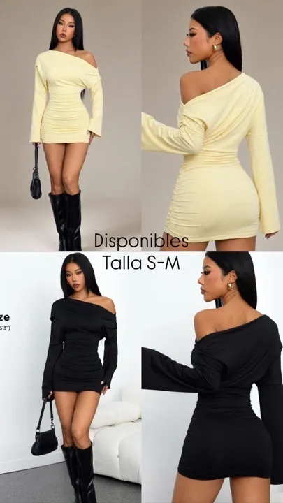 vestido mini de moda sexy de cuello asimétrico negro y amarillo talla S-M