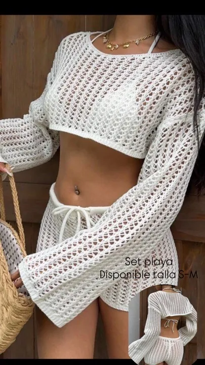set de suéter corto y short en hilo manga larga blanco talla S-M