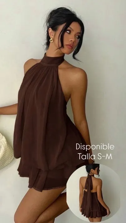 vestido mini elegante de mujer con cuello halter y lazo café talla S-M