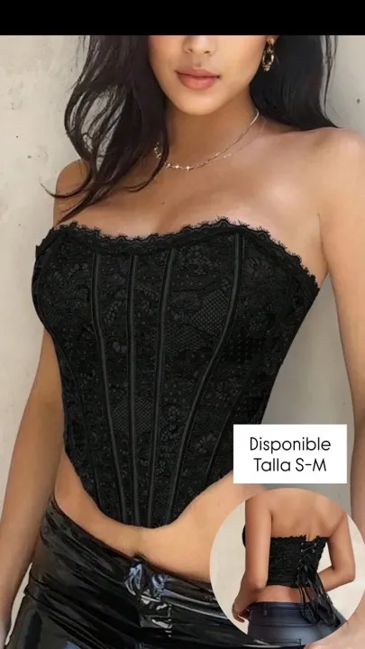 top halter ribete encaje negro talla s -m