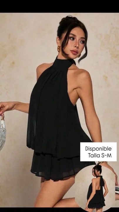 vestido mini elegante de mujer con cuello halter y lazo negro talla S-M