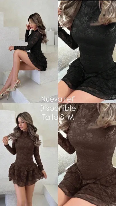 vestido mini elegante de manga larga con encaje café-negro talla S-M
