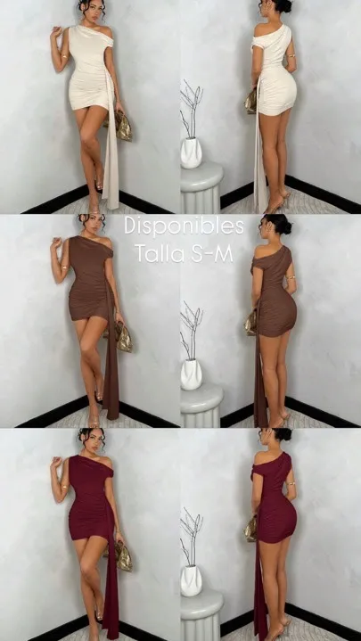 vestido mini ajustado de vendaje asimétrico beige-burdeos y café talla S-M