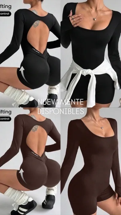 enterizo corto deportivo para mujer manga larga espalda abierta café y negro talla S