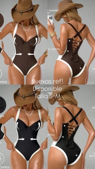 Vestido de baño de una pieza con control de abdomen y abertura café y negro talla S-M