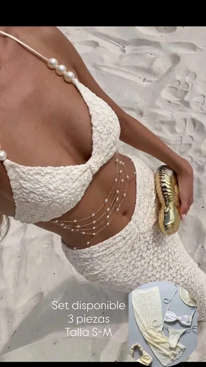 set de bikini blanco de perlas y diseño drapeado talla S-M