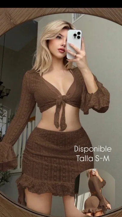 conjunto de bikini 4 piezas de unicolor de malla de red café  talla S-M
