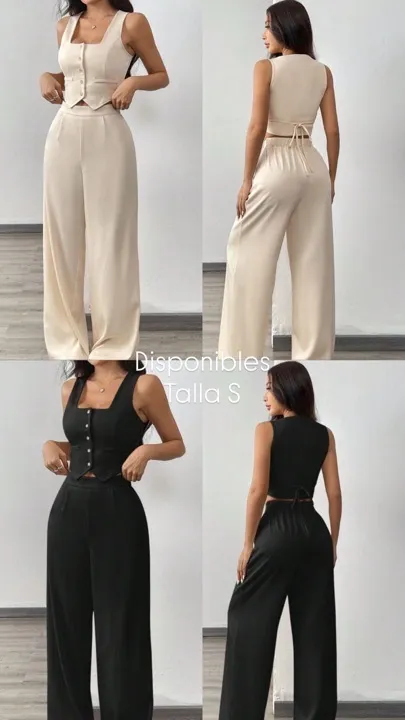 chaleco con diseño de corbata y pantalones casuales de pierna recta albaricoque y negro  talla S