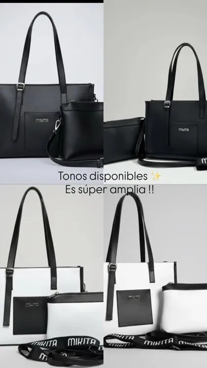 bolso Mikita negro y blanco con negro incluye cosmetiquera