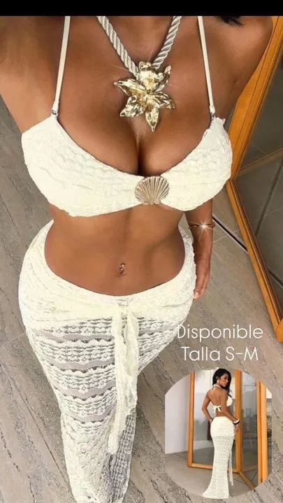 conjunto de 3 piezas de mujer de punto texturizado beige talla S-M