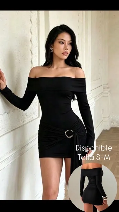 vestido mini sexy de hombros descubiertos con manga larga negro talla S-M