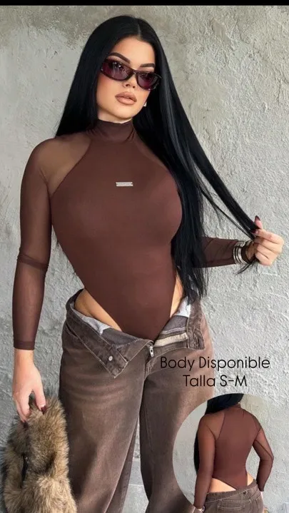 body elástico de malla café con manga larga talla S-M