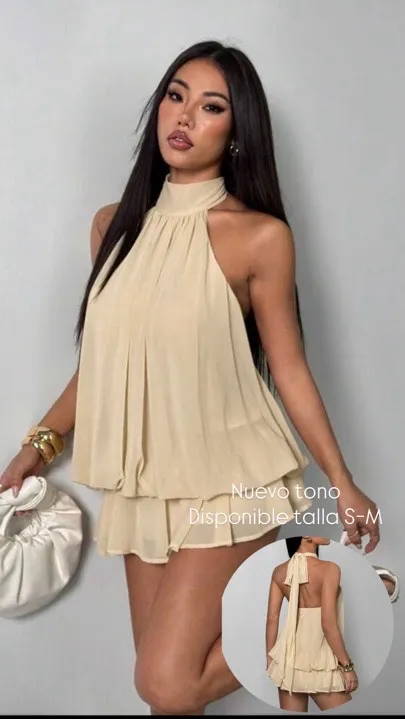 vestido mini elegante de mujer con cuello halter y lazo  beige talla S-M