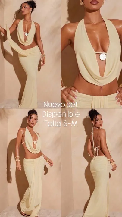 conjunto de 2 piezas top halter con espalda descubierta y falda beige talla S-M