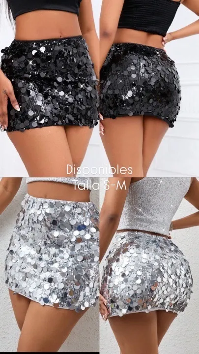 mini falda ajustada con lentejuelas negra y plateada talla S-M