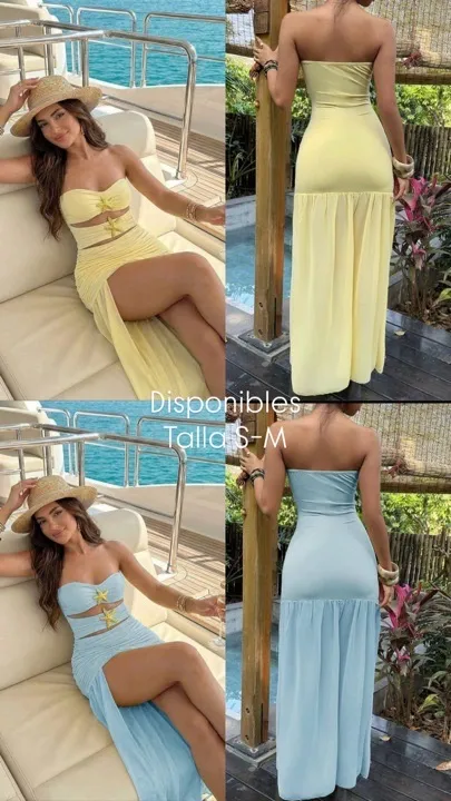 vestido largo de vacaciones elegante con cintura ceñida amarillo y azul talla S-M